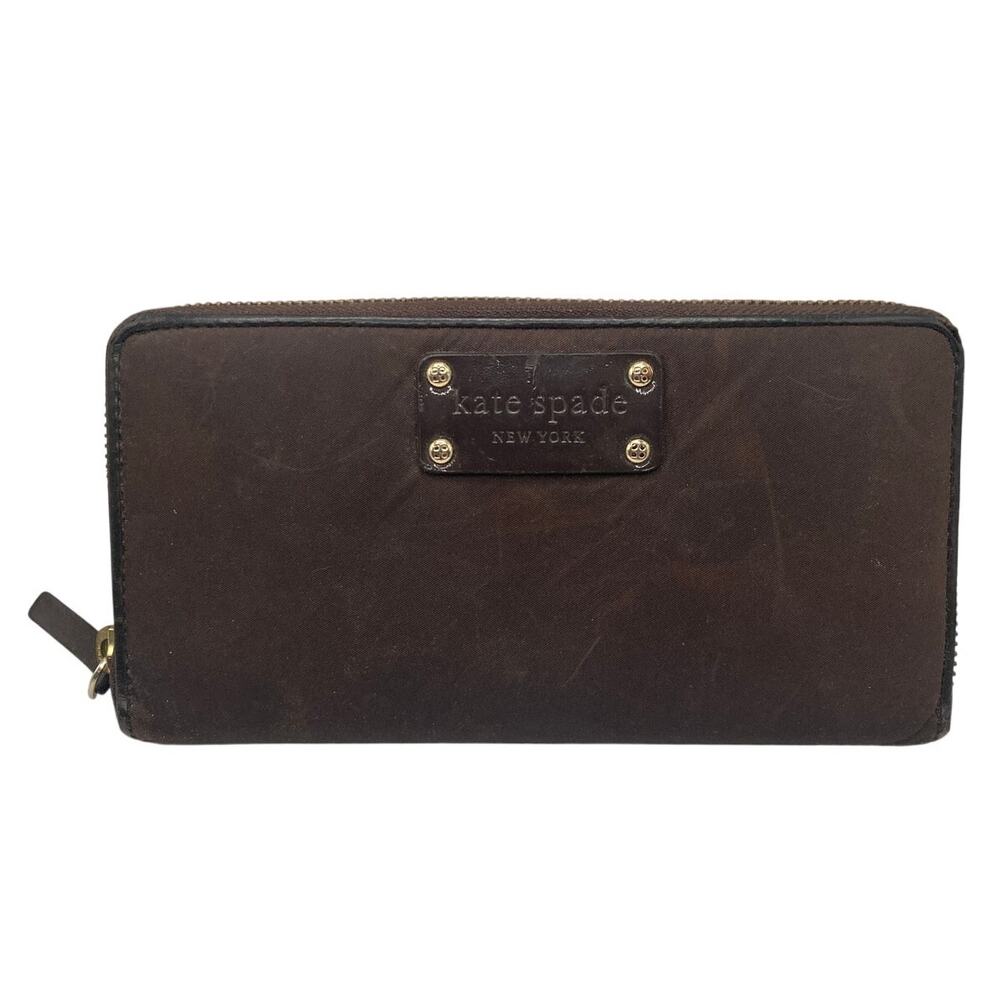 Kate Spade NY Brown Nylon Zip Around Wallet Organizer Clutch Gold Tone Logo